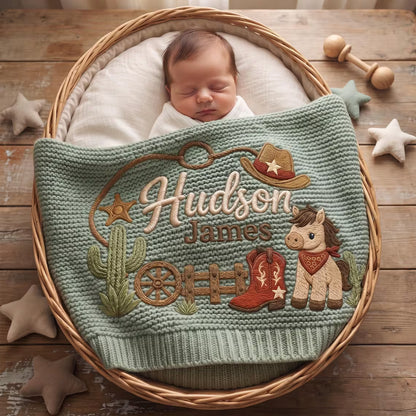 Personalized Cowboy Baby Knit Blanket | Custom Horse Embroidered Gift