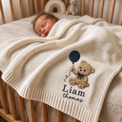 Personalized  Balloon Teddy Bear Baby Knit Blanket, Custom Name Embroidered Gift