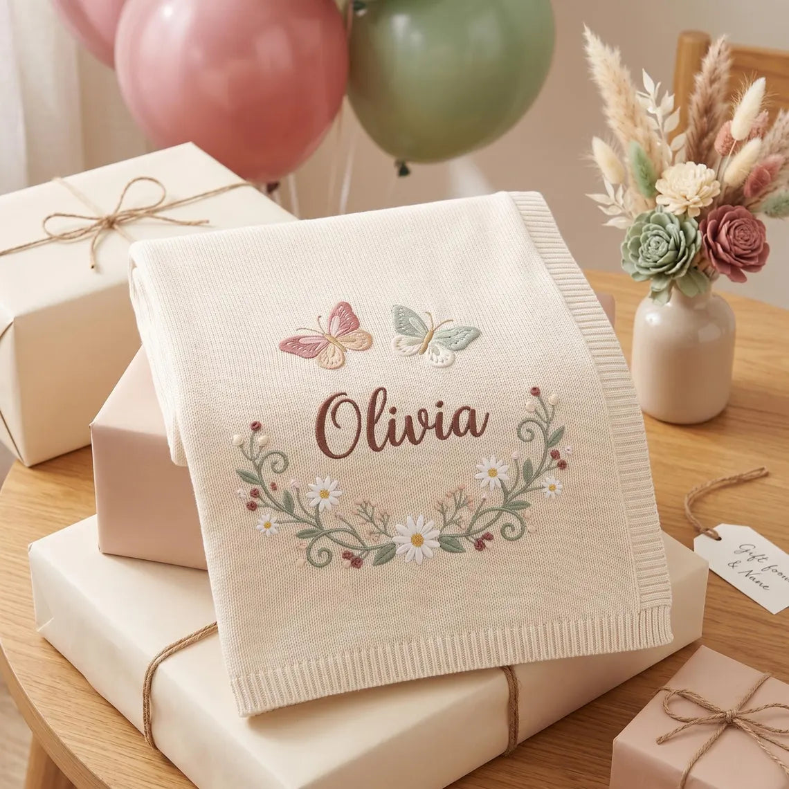 Personalized Butterfly Floral Baby Knit Blanket | Embroidered Name
