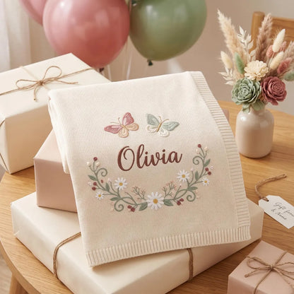 Personalized Butterfly Floral Baby Knit Blanket | Embroidered Name