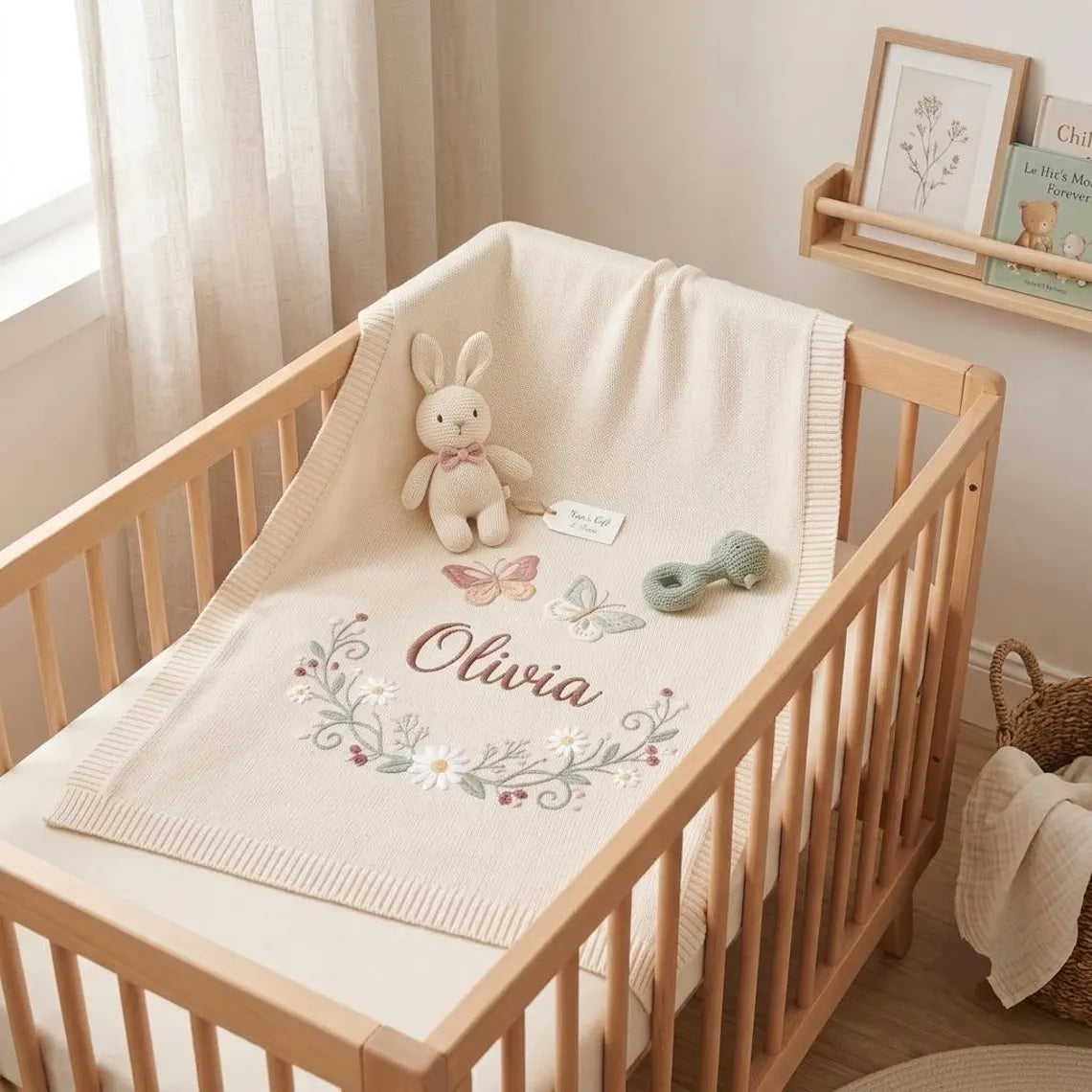 Personalized Butterfly Floral Baby Knit Blanket | Embroidered Name