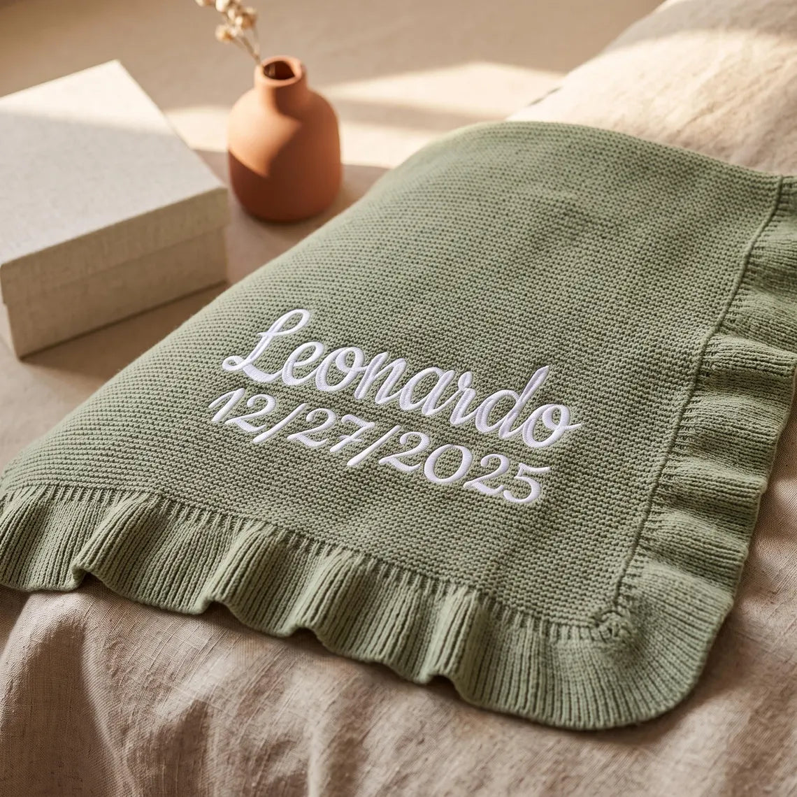 Personalized Baby Name Knit Ruffle Blanket, Embroidered Newborn Keepsake