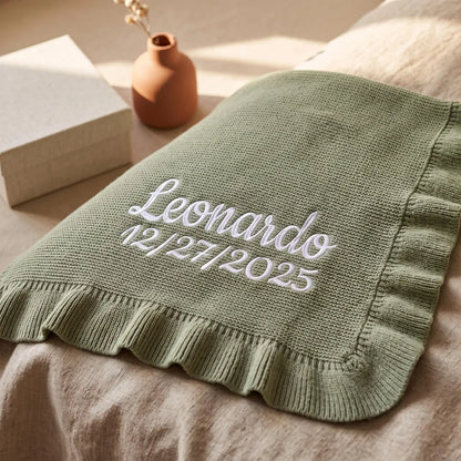 Personalized Baby Name Knit Ruffle Blanket, Embroidered Newborn Keepsake
