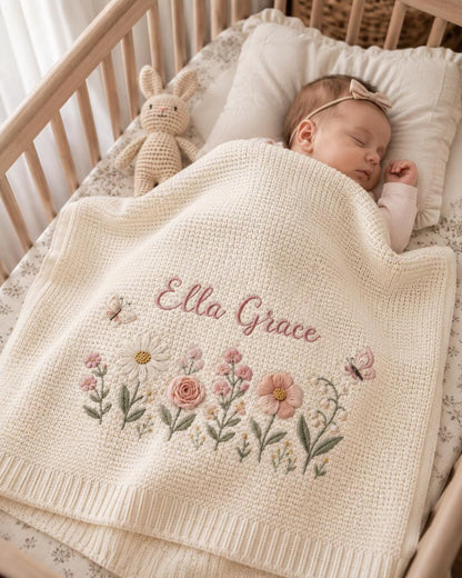 Personalized Floral Baby Knit Blanket | Custom Name Embroidered
