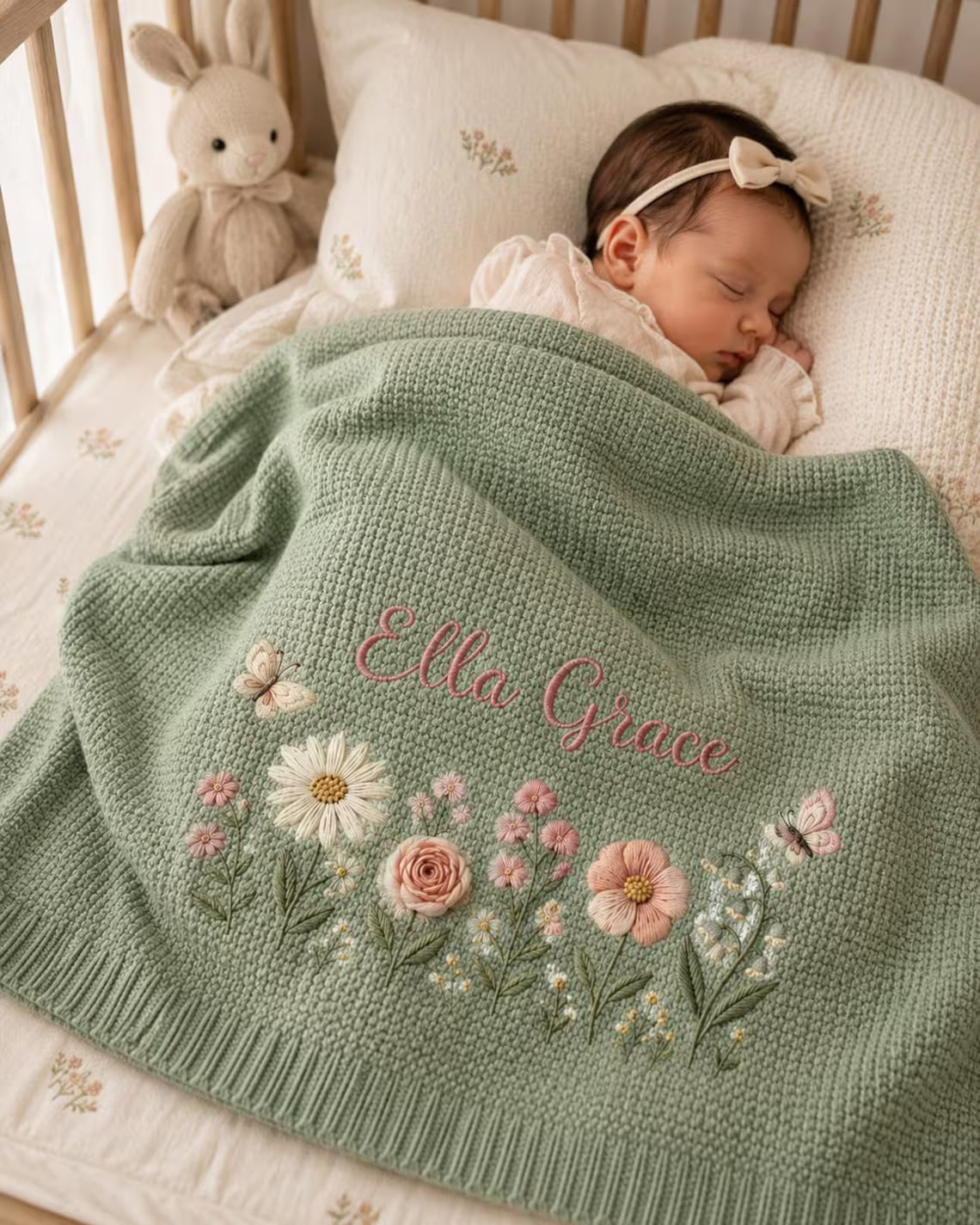 Personalized Floral Baby Knit Blanket | Custom Name Embroidered