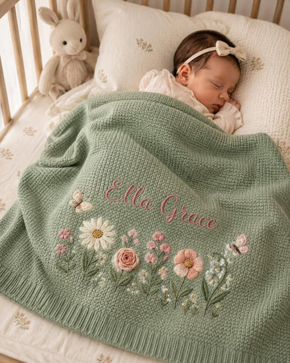 Personalized Floral Baby Knit Blanket | Custom Name Embroidered