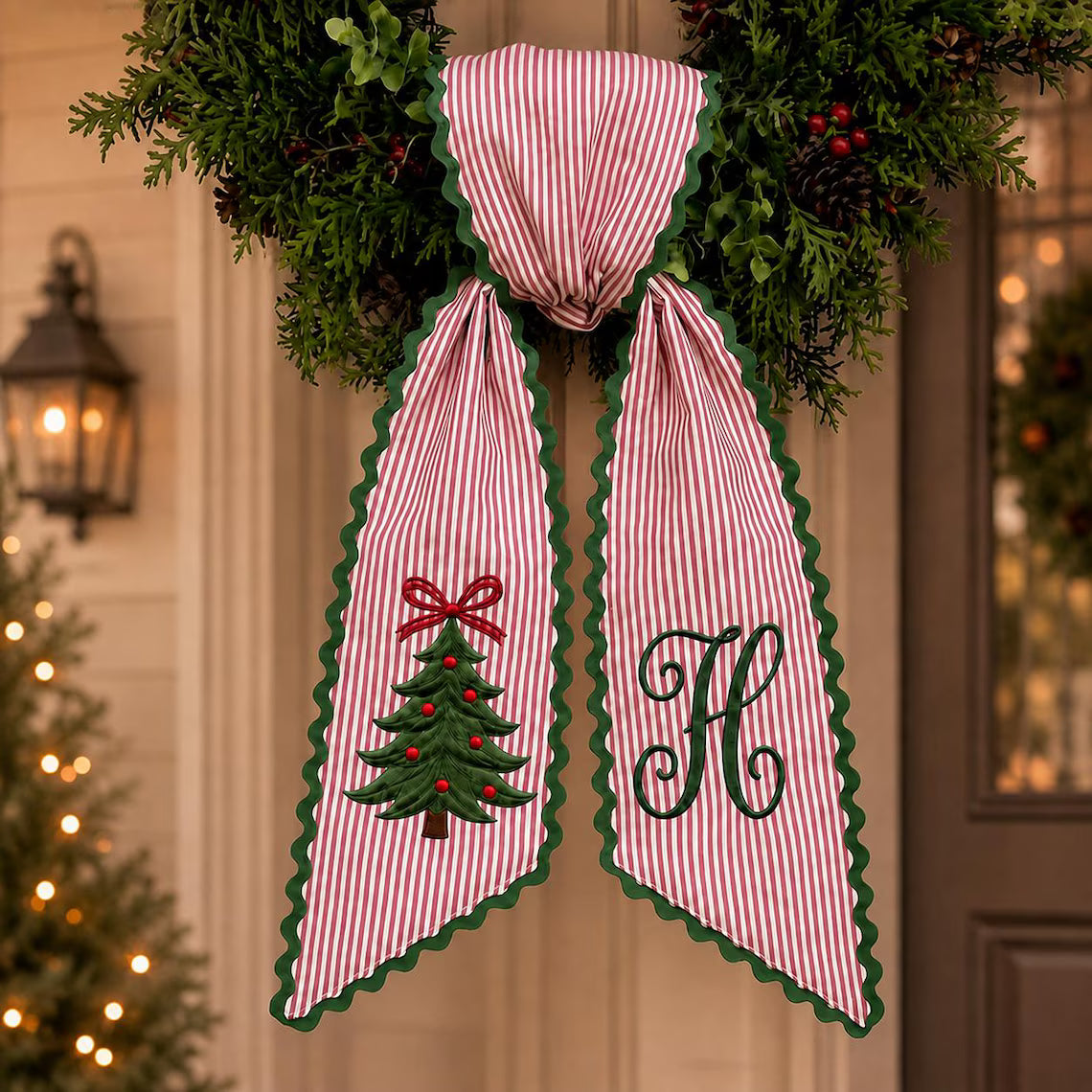 Personalized Christmas Tree Initial Wreath Sash | Custom Embroidered Ribbon