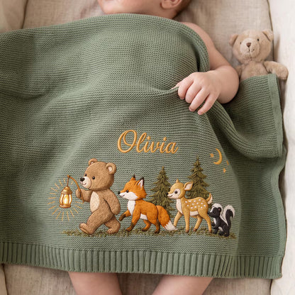 Personalized Moonlit Woodland Knit Baby Blanket | Custom Name