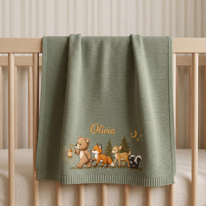 Personalized Moonlit Woodland Knit Baby Blanket | Custom Name