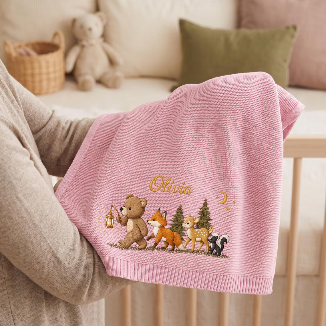 Personalized Moonlit Woodland Knit Baby Blanket | Custom Name