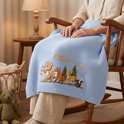 Personalized Moonlit Woodland Knit Baby Blanket | Custom Name