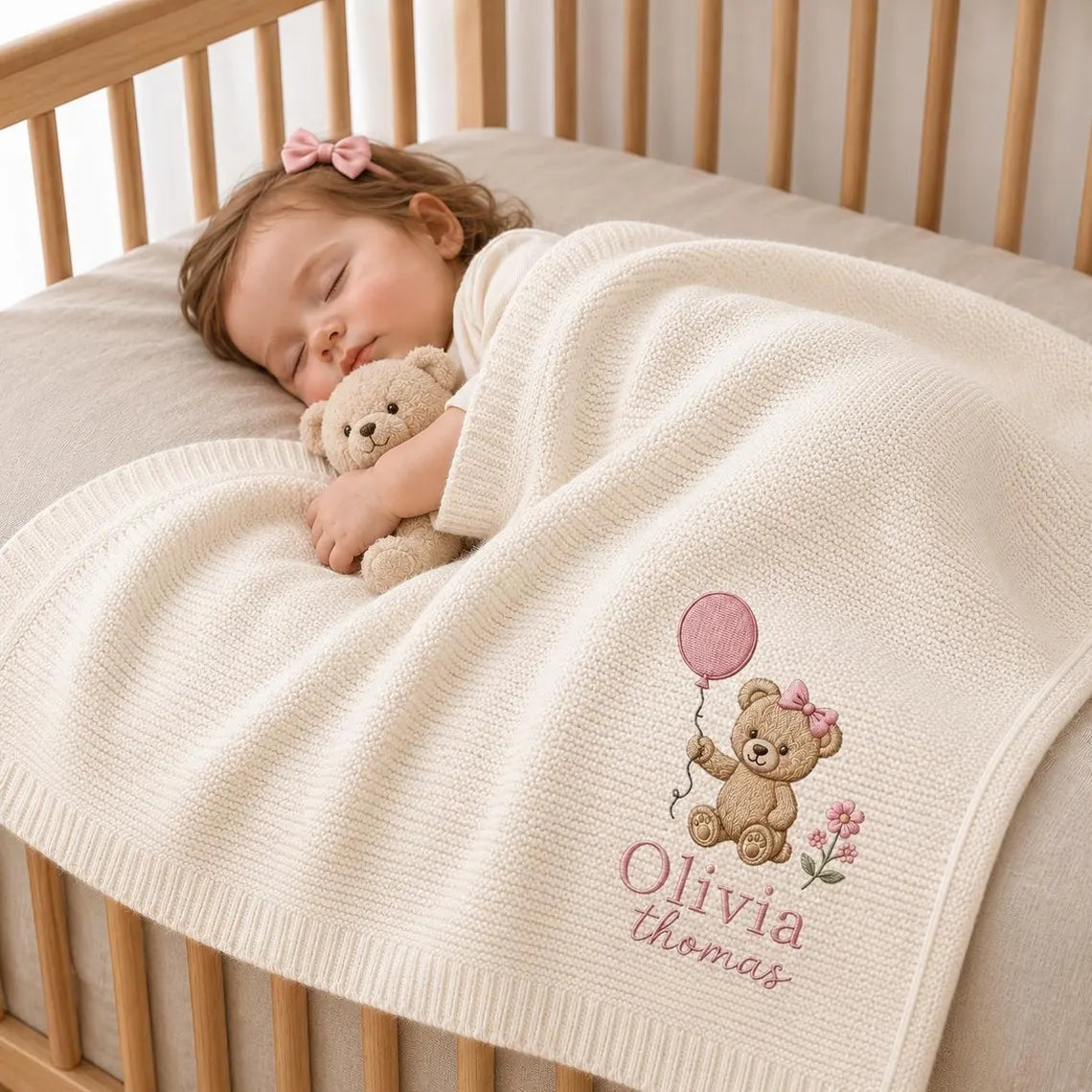 Personalized  Balloon Teddy Bear Baby Knit Blanket, Custom Name Embroidered Gift
