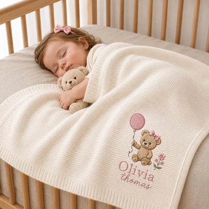 Personalized  Balloon Teddy Bear Baby Knit Blanket, Custom Name Embroidered Gift