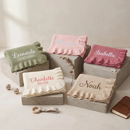 Personalized Baby Name Knit Ruffle Blanket, Embroidered Newborn Keepsake