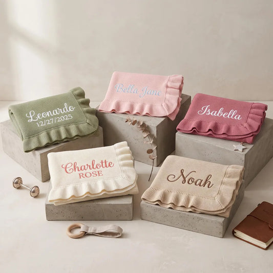 Personalized Baby Name Knit Ruffle Blanket, Embroidered Newborn Keepsake