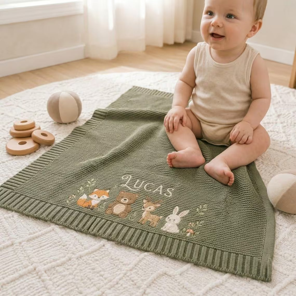 Personalized Forest Friends Knit Baby Blanket | Custom Name