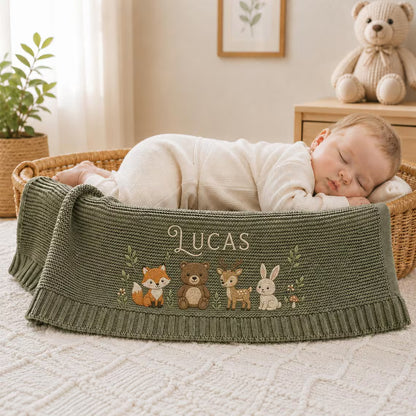 Personalized Forest Friends Knit Baby Blanket | Custom Name