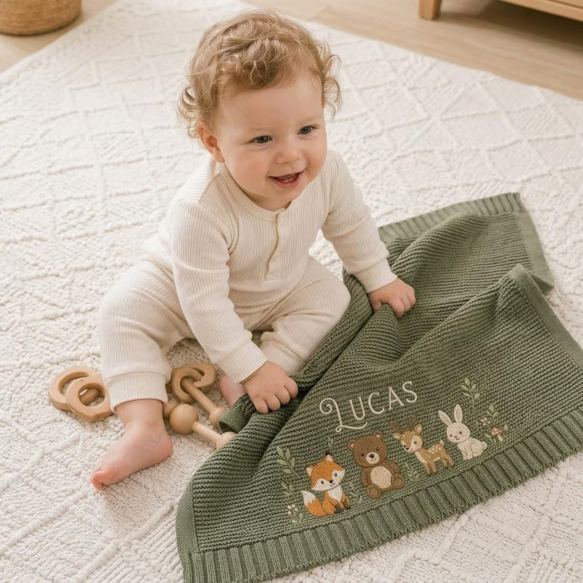 Personalized Forest Friends Knit Baby Blanket | Custom Name