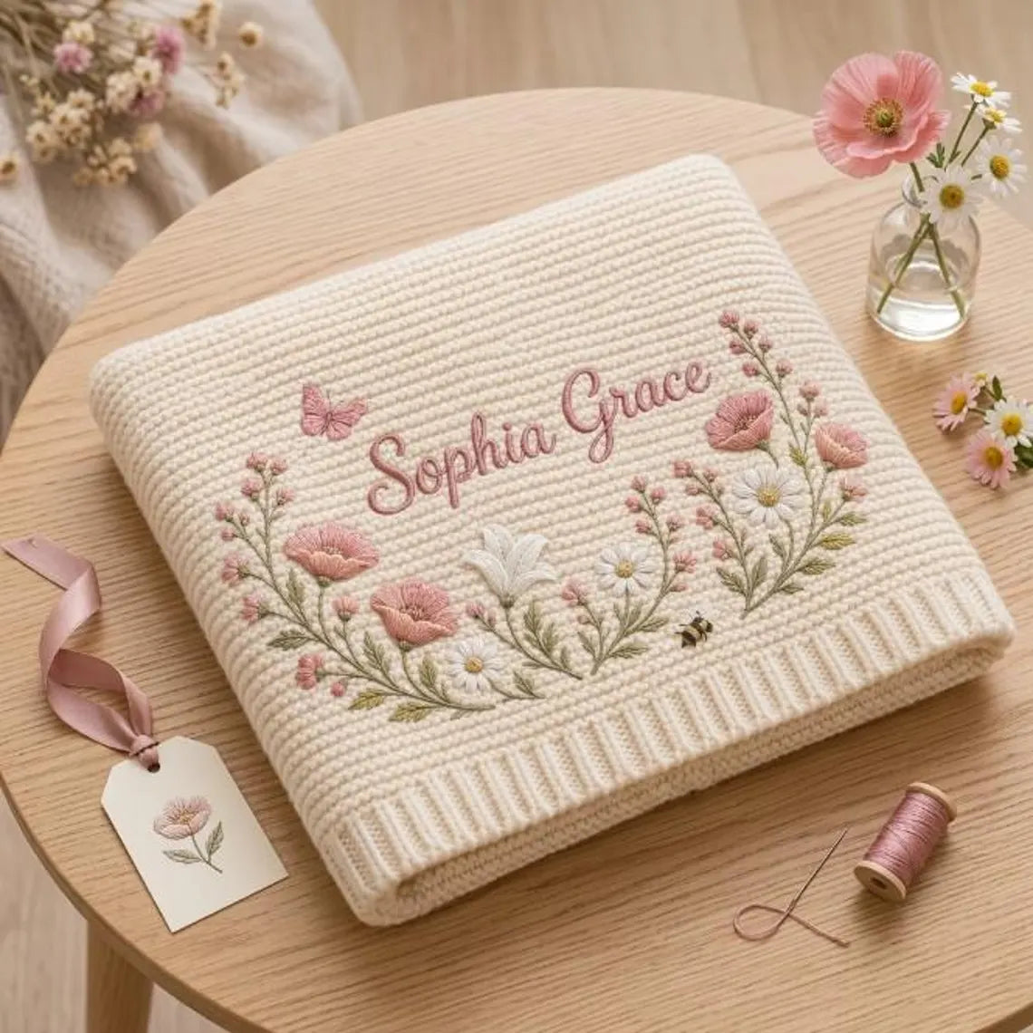 Personalized Baby Knit Blanket – Custom Embroidered Wildflower Name