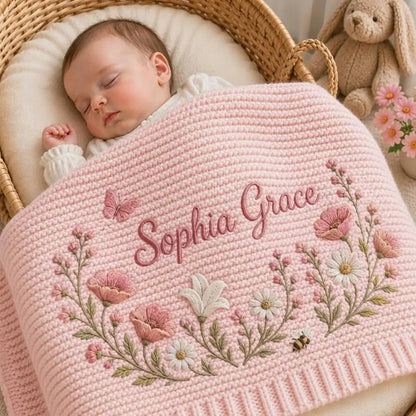 Personalized Baby Knit Blanket – Custom Embroidered Wildflower Name