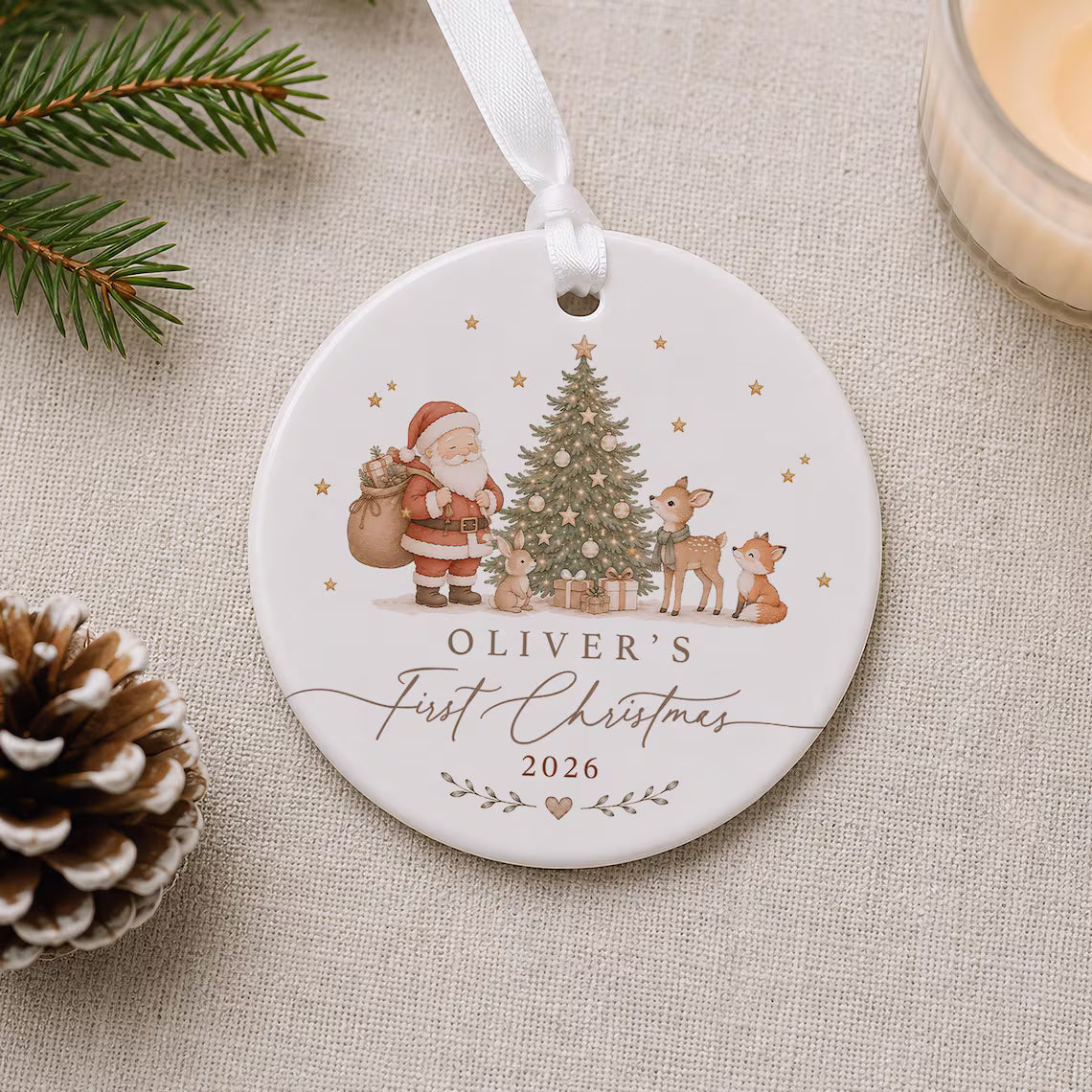Personalized Baby's First Christmas Ceramic Ornament | Santa Woodland Animals