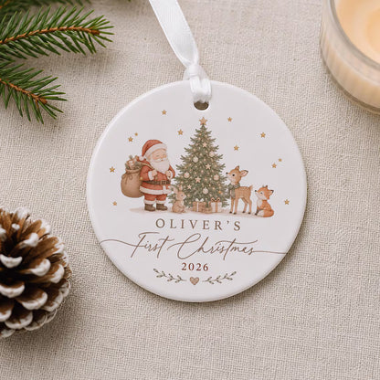 Personalized Baby's First Christmas Ceramic Ornament | Santa Woodland Animals