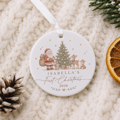 Personalized Baby's First Christmas Ceramic Ornament | Santa Woodland Animals