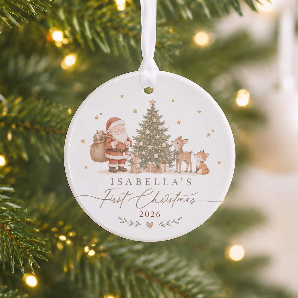 Personalized Baby's First Christmas Ceramic Ornament | Santa Woodland Animals