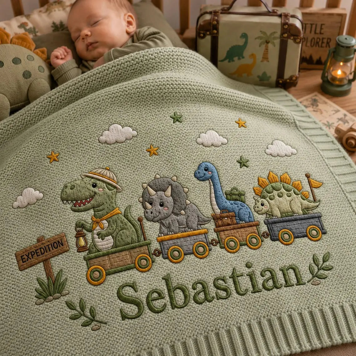Personalized Dino Express Baby Knit Blanket | Custom Name Knit Blanket