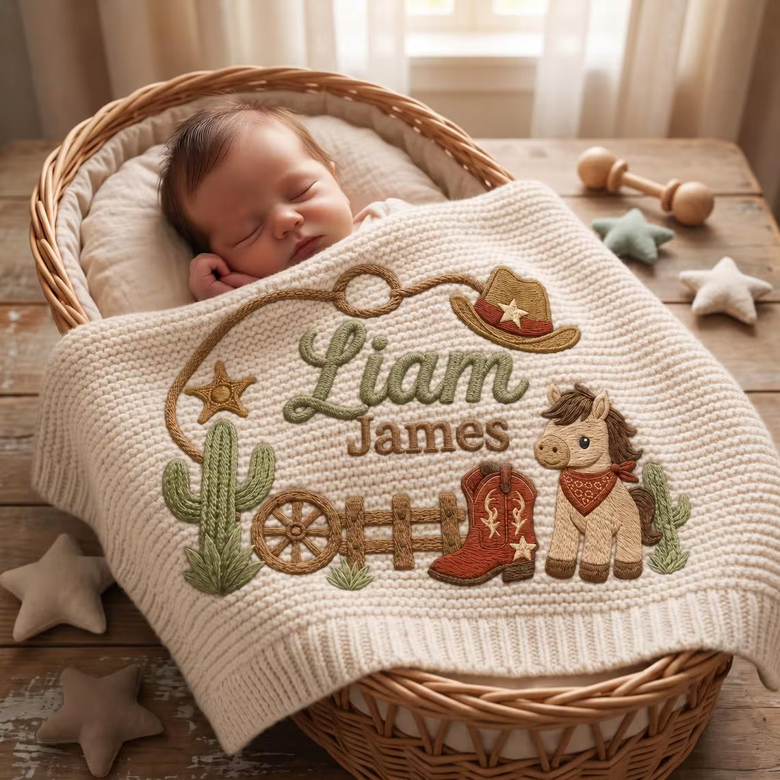 Personalized Cowboy Baby Knit Blanket | Custom Horse Embroidered Gift