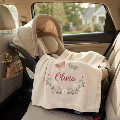 Personalized Butterfly Floral Baby Knit Blanket | Embroidered Name