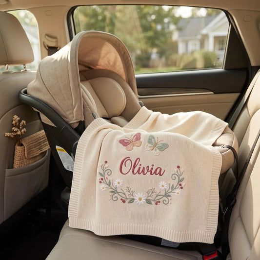 Personalized Butterfly Floral Baby Knit Blanket | Embroidered Name