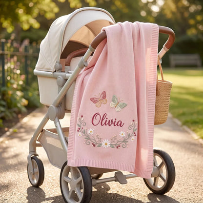 Personalized Butterfly Floral Baby Knit Blanket | Embroidered Name
