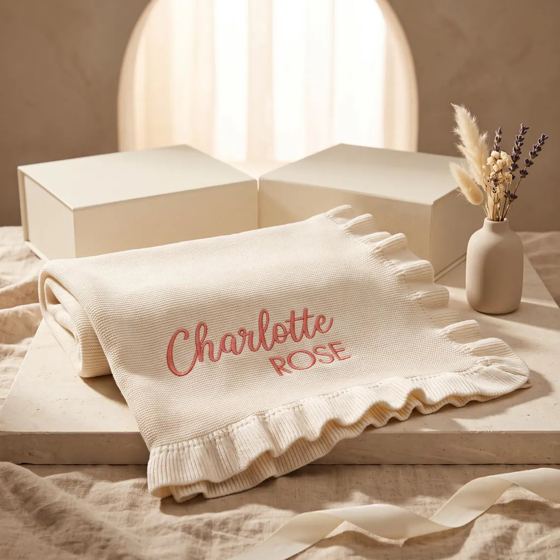 Personalized Baby Name Knit Ruffle Blanket, Embroidered Newborn Keepsake