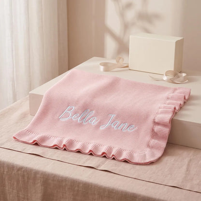 Personalized Baby Name Knit Ruffle Blanket, Embroidered Newborn Keepsake