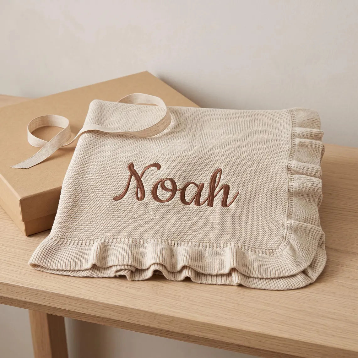 Personalized Baby Name Knit Ruffle Blanket, Embroidered Newborn Keepsake