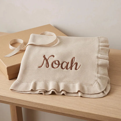 Personalized Baby Name Knit Ruffle Blanket, Embroidered Newborn Keepsake