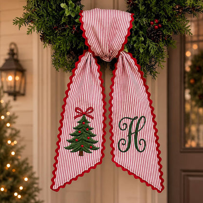 Personalized Christmas Tree Initial Wreath Sash | Custom Embroidered Ribbon