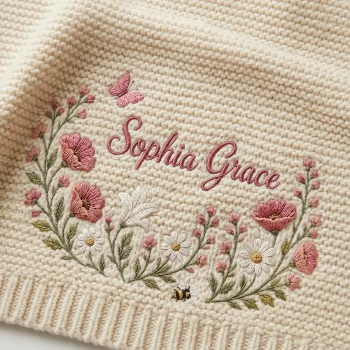 Personalized Baby Knit Blanket – Custom Embroidered Wildflower Name