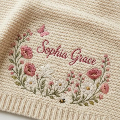 Personalized Baby Knit Blanket – Custom Embroidered Wildflower Name