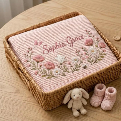 Personalized Baby Knit Blanket – Custom Embroidered Wildflower Name