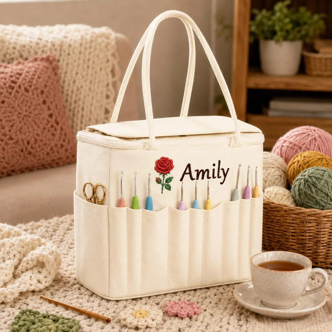 Personalized Crochet & Knitting Bag – Embroidered Name & Birth Flower