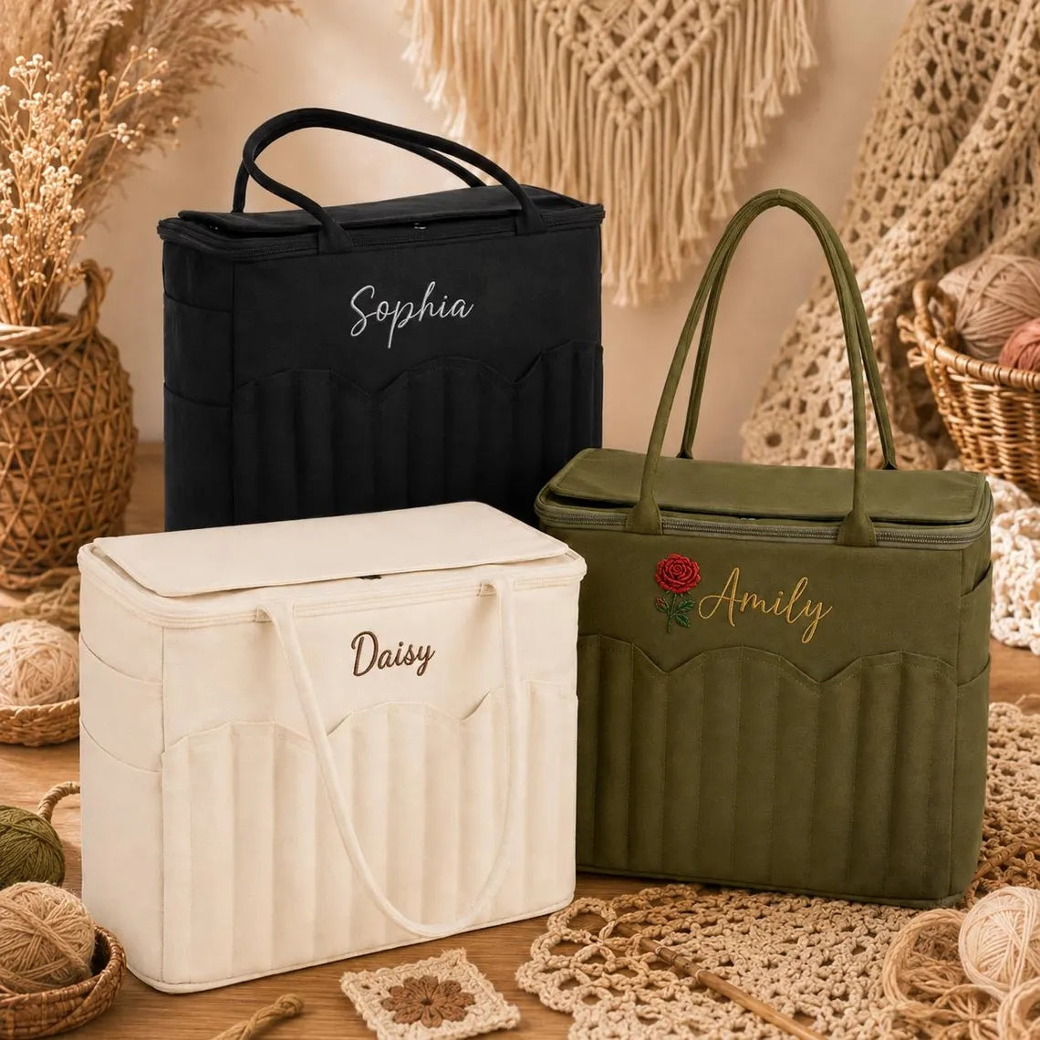 Personalized Crochet & Knitting Bag – Embroidered Name & Birth Flower
