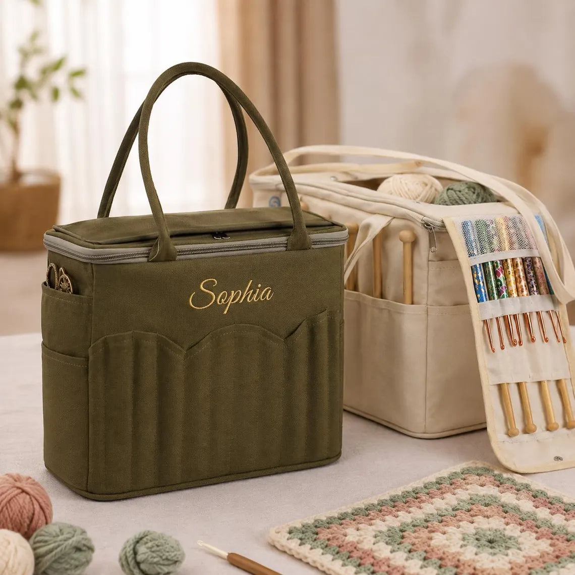 Personalized Crochet & Knitting Bag – Embroidered Name & Birth Flower