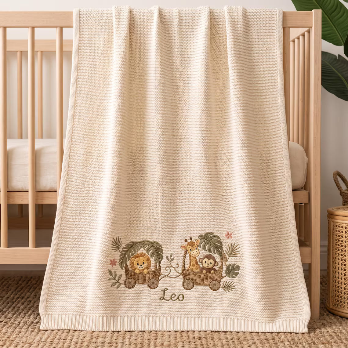 Personalized Safari Animal Basket Train Knit Blanket with Name