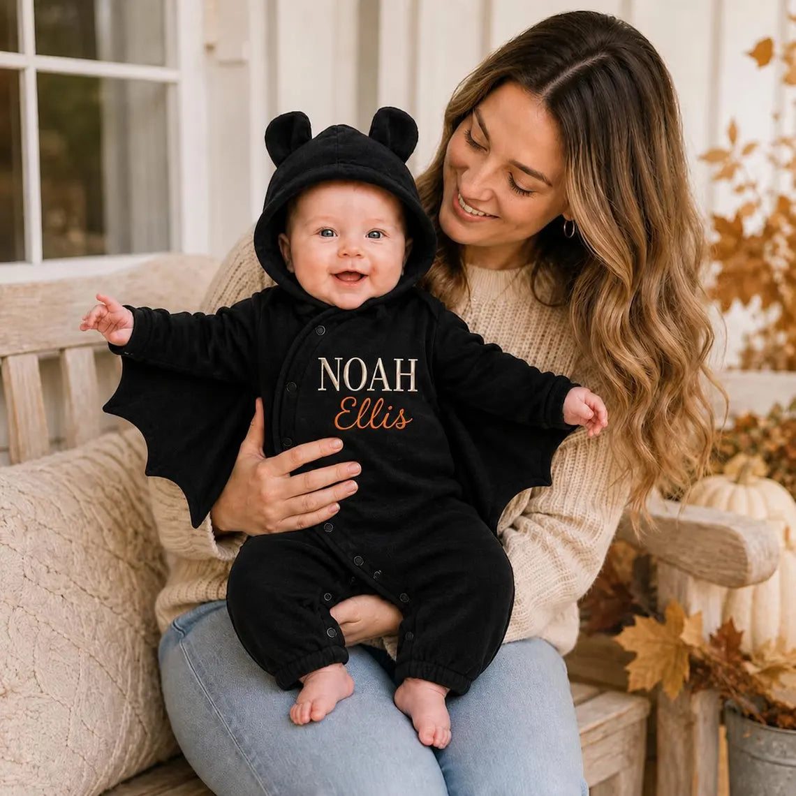 Personalized Baby Bat Costume | Custom Embroidered Name Halloween Romper