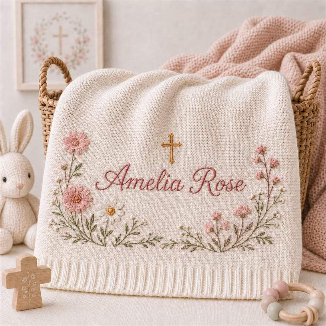 Personalized Floral Cross Baby Knit Blanket | Baptism Gift