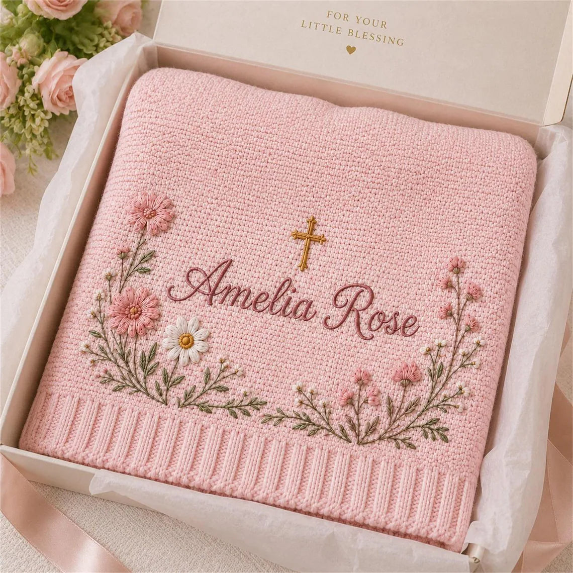 Personalized Floral Cross Baby Knit Blanket | Baptism Gift