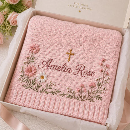 Personalized Floral Cross Baby Knit Blanket | Baptism Gift