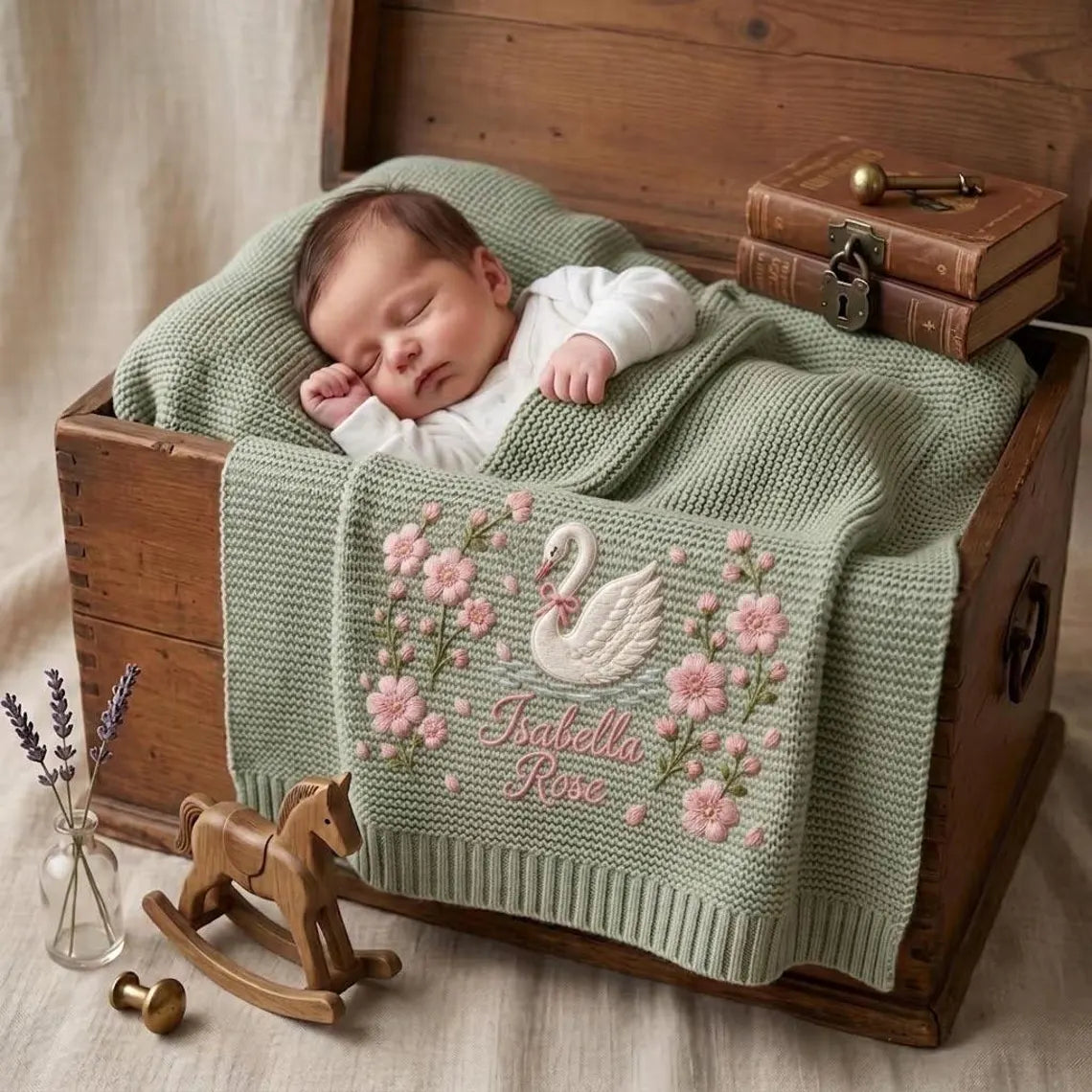 Personalized Swan Baby Knit Blanket – Custom Embroidered Name Knit Blanket
